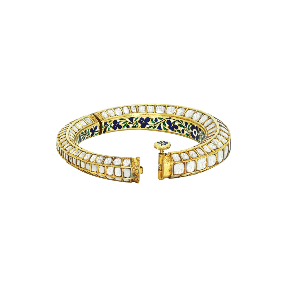 Triple-Row Polki Bangle with Blue Floral Enamel Detail
